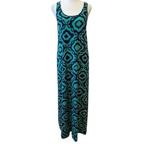 Tori Richard Maxi Dress M Teal & Blue Geometric Racerback Travel Resort Hawaii